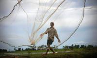 Fisherman casting a net from the banks of the Tonle Sap River. FAO